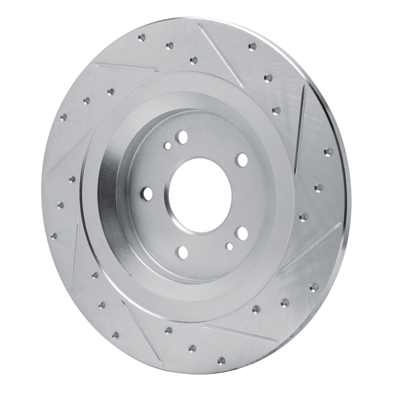 Hyundai Santa Fe Brake Rotor (1) - Rear Left - R1 Concepts - Drilled & Slotted - Silver - `22-`25
